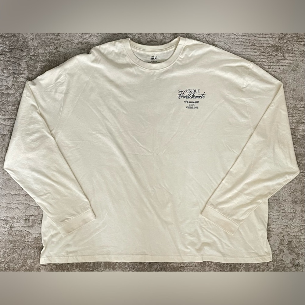 ‘Worldwide’ cream essential layering NYC long-sleeve baggy/boxy shirt - SIZE L
